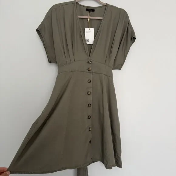 Quince Olive Green Tencel Button Front Dress Tie Waist V-Neck Short Sleeve M - Picture 3 of 7